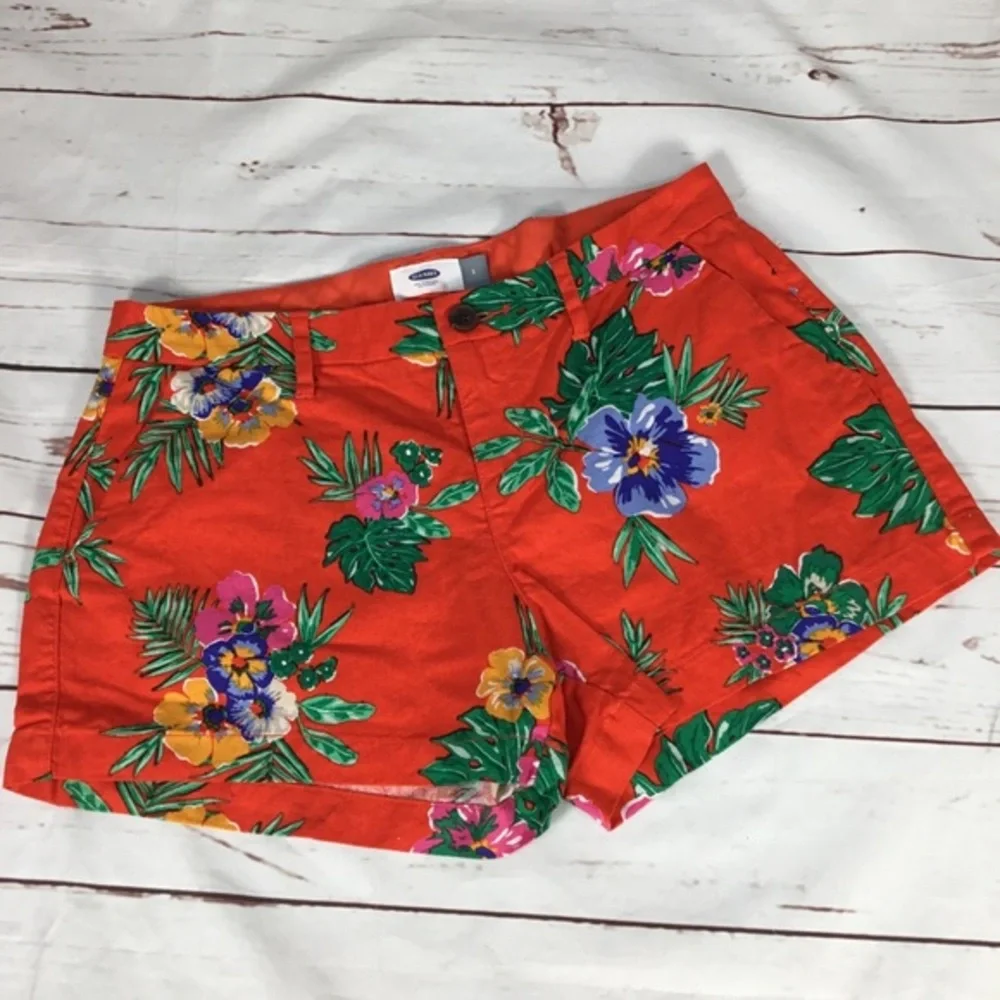 Hawaiian Red Blue Floral Linen Blend‎ Shorts Size 2